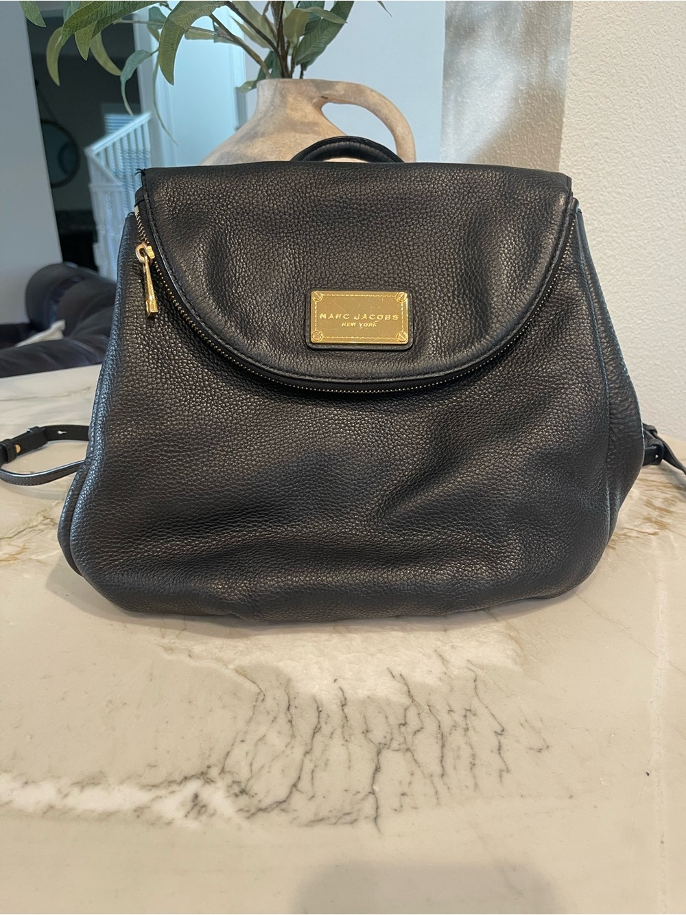 Marc Jacobs Black Pebbled Leather Backpack with Gold Plaque Accent